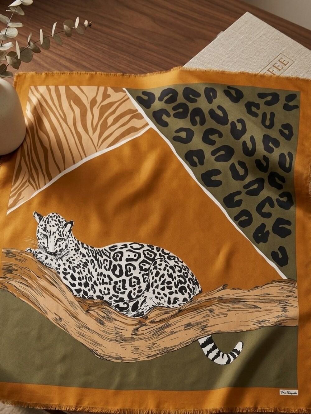Vtg Jim Renoir Animal Print Square Scarf Snow Leopard Zebra Frayed Hem